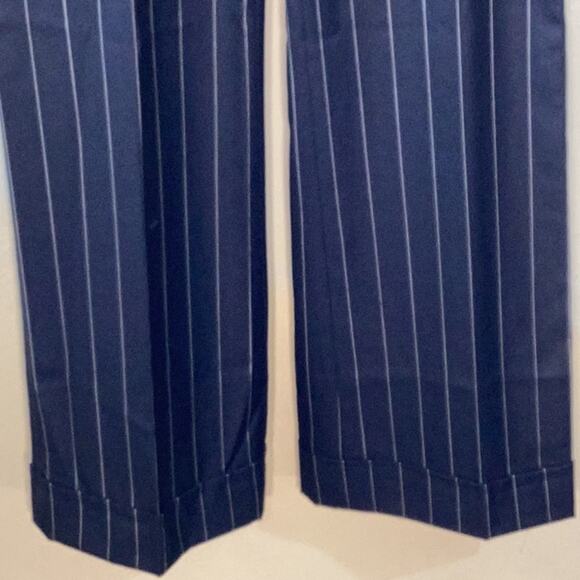 Falconnable Wool Silk Pinstripe Wide Leg Pant Navy White Sz 8 Scandi Girl Luxury - Picture 3 of 12
